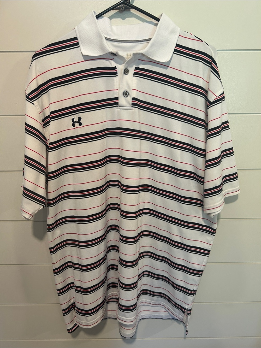 Under Armour White Polo with Black and Red Stripes
